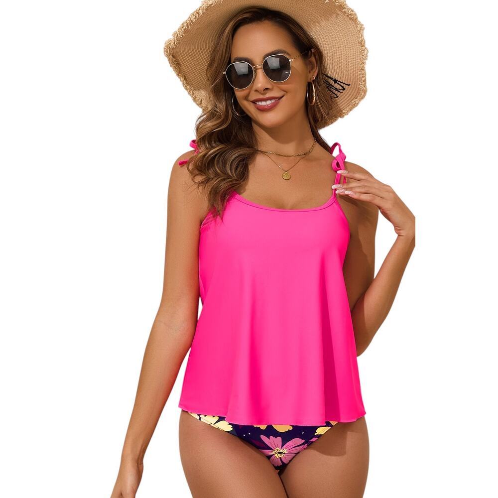 Rose Red Tie Shoulder Floral Print Tankini Set New Small